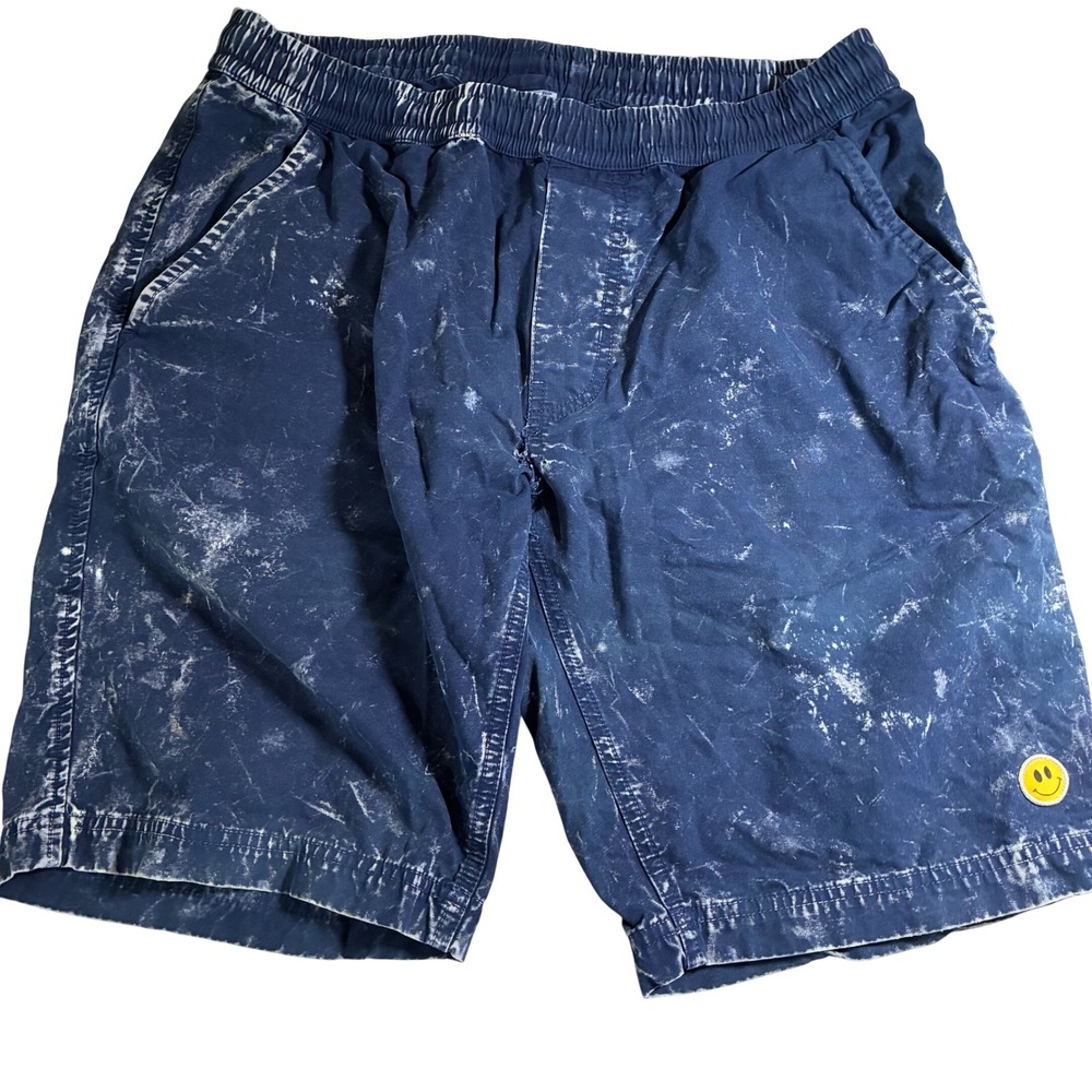 Limited Research Group Mens Acid Wash Canvas Shorts Blue Smiley Face Size 34
